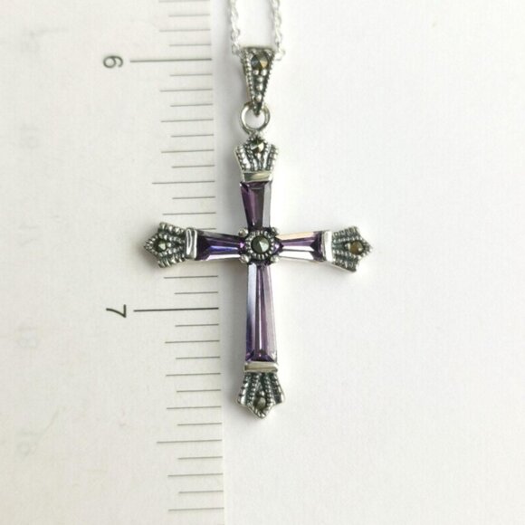 Amethyst Marcasite cross pendant necklace In Sterling Silver - Picture 6 of 7